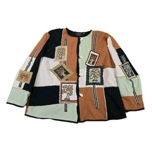 Vintage Art to Wear Patchwork Embroidered Jacket Wood Buttons Plus 1X Artsy Boho